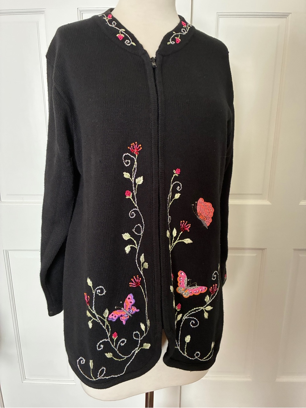 Storybook Knits “Garden of love" Black Zip Cardigan with Floral Embroidery